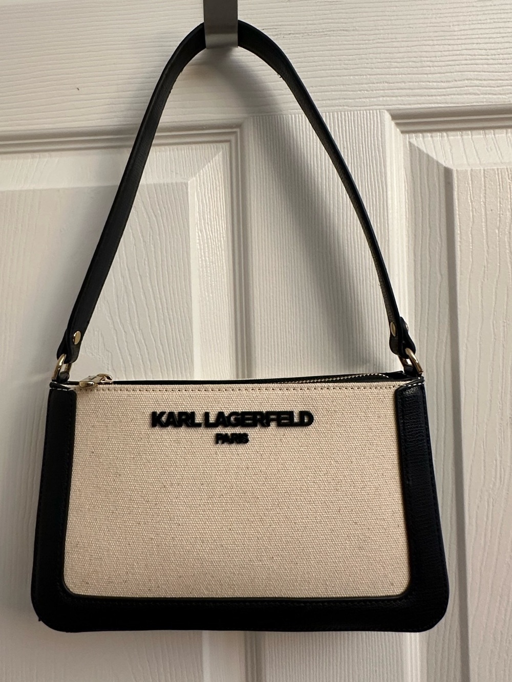 Karl Lagerfeld Black and Beige Canvas Shoulder Bag with Black Leather Trim